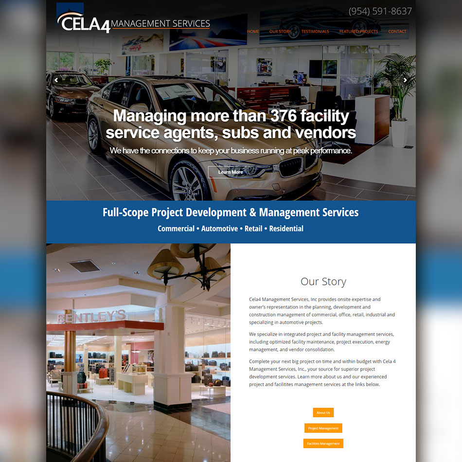 Website screenshot of luxury automotive dealership design firm, Cela4 and a link to preview the site.