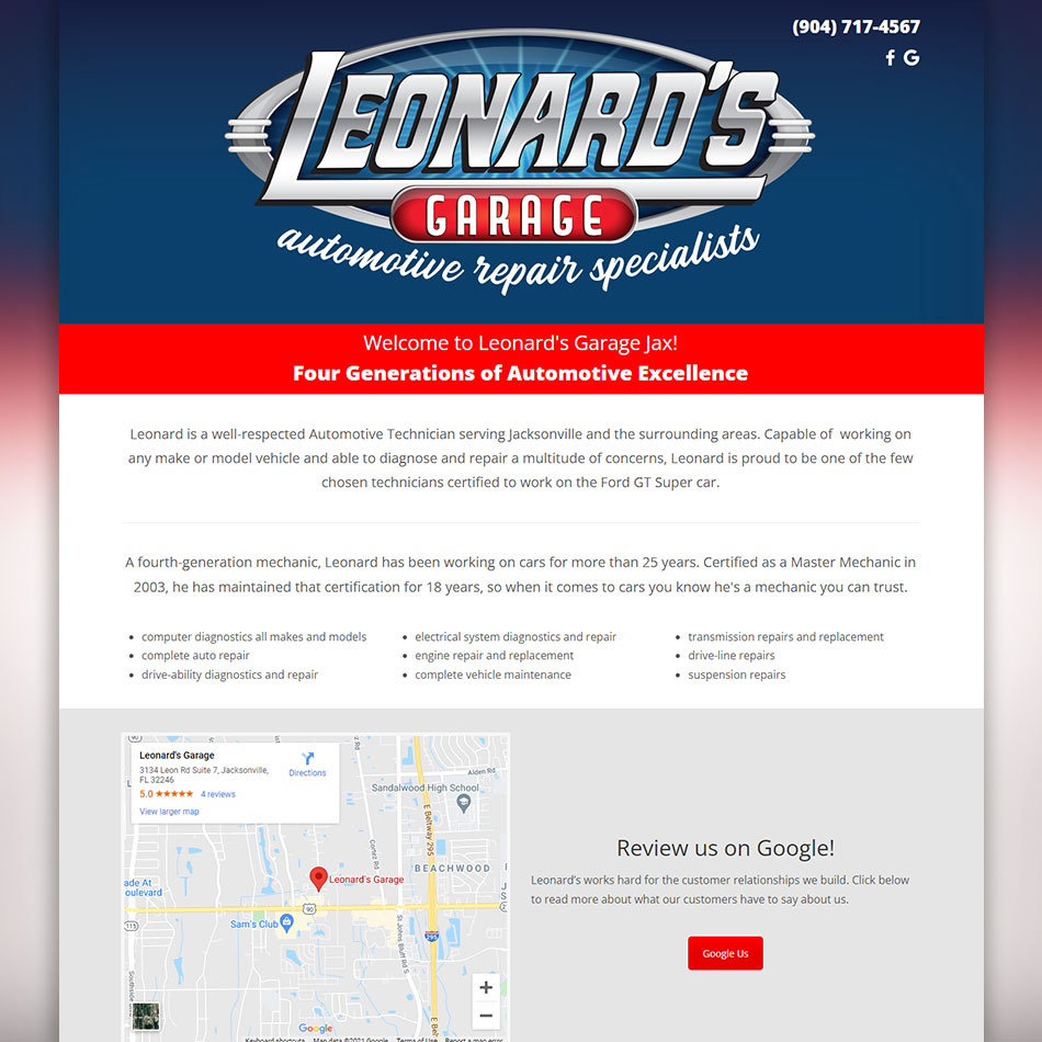 Web image and link to preview Leonards Garage of Leon Road in Jacksonville, FL.