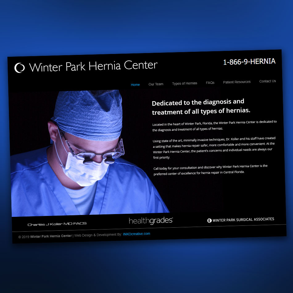 Screenshot and web link to the Winter Park Hernia Center website.
