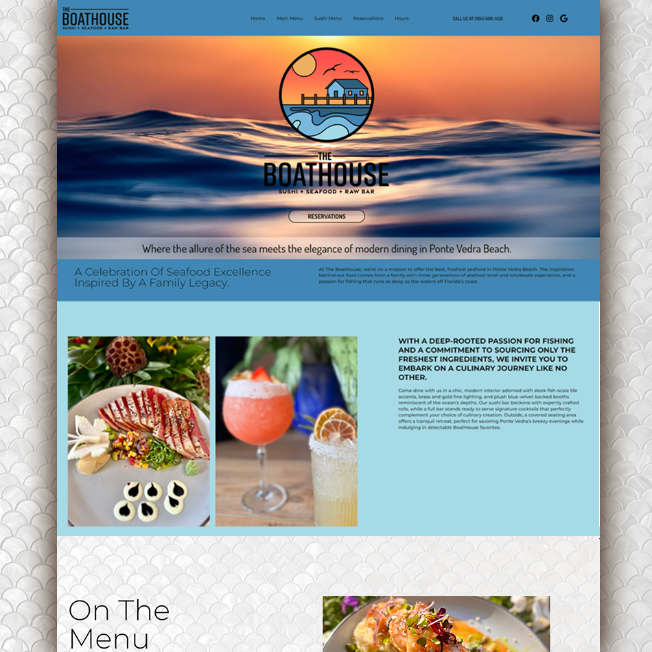 Website screenshot and link to preview the website of The Boathouse Ponte Vedra Beach, a seafood restaurant and sushi bar.