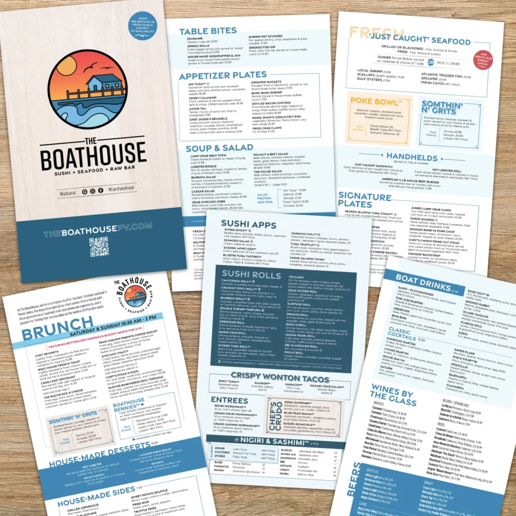 Boathouse Ponte Vedra menu design by INKO Creative.